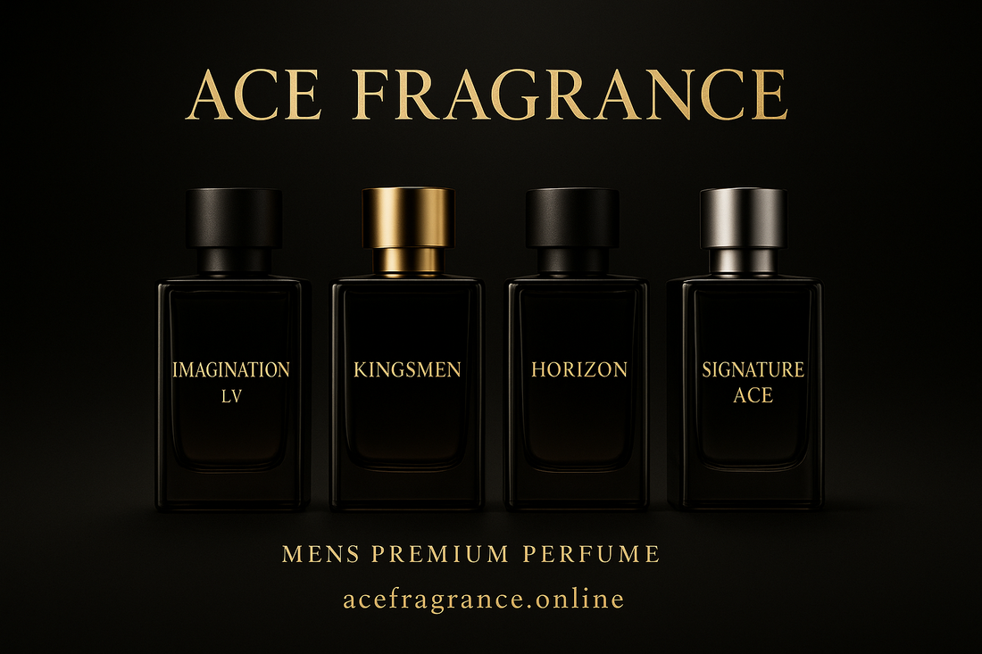 create a image for mens perfumes premium collection brand name ace fragrance and prefumes name 1st imagnation lv 2nd kingsmen 3rd horizon 4th signature ace and website name is acefragrance.online  create ha beatiful banners look a like profeshinal banners