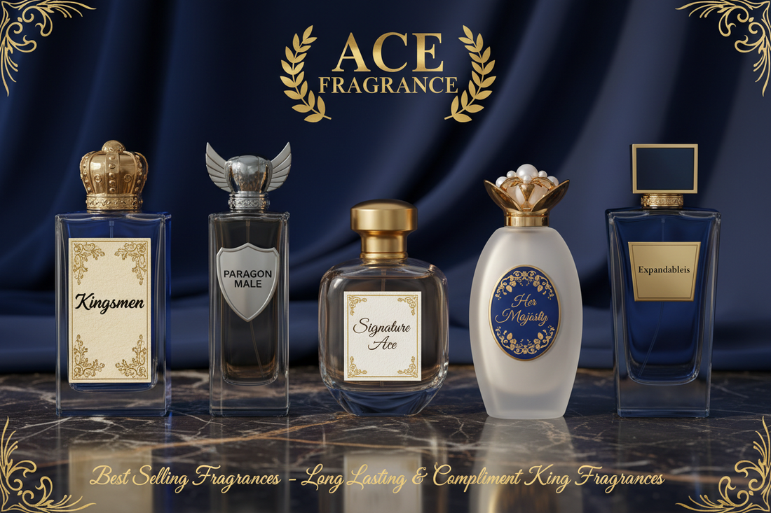 create image with elegent design and write on best salling fragrance long lasting and compliment king fragrances brand name ace fragrance  and perfumes name is
 kingsmen 
paragon male  
signature ace 
her majesty 
expandableis
name design with beautiful botels with beautiful lables